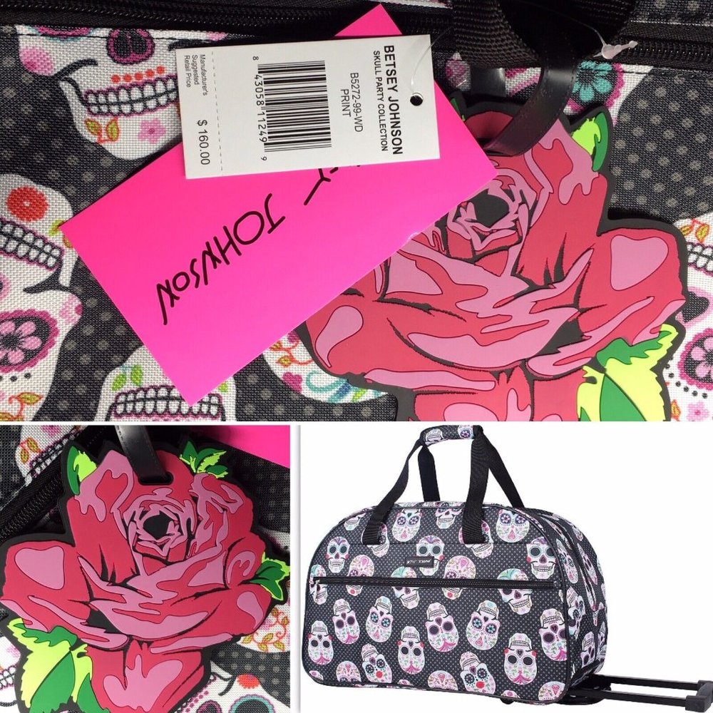 Betsey Johnson Sugar Skull Weekender Travel Rolling Duffle Bag 22" Carryon $160